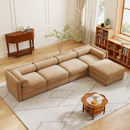 Canapé sectionnel modulaire avec rangement, dossier cylindrique et accoudoirs, assise profonde et confortable, canapé 4 places en forme de L