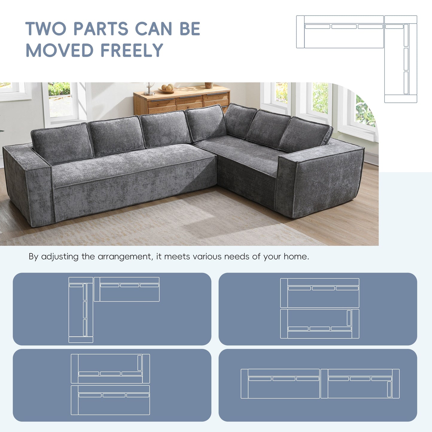 Canapé sectionnel modulaire, ensemble de canapés 6 places en chenille infroissable, combinaison libre 2 pièces, ensemble de canapés nuage moderne en forme de L