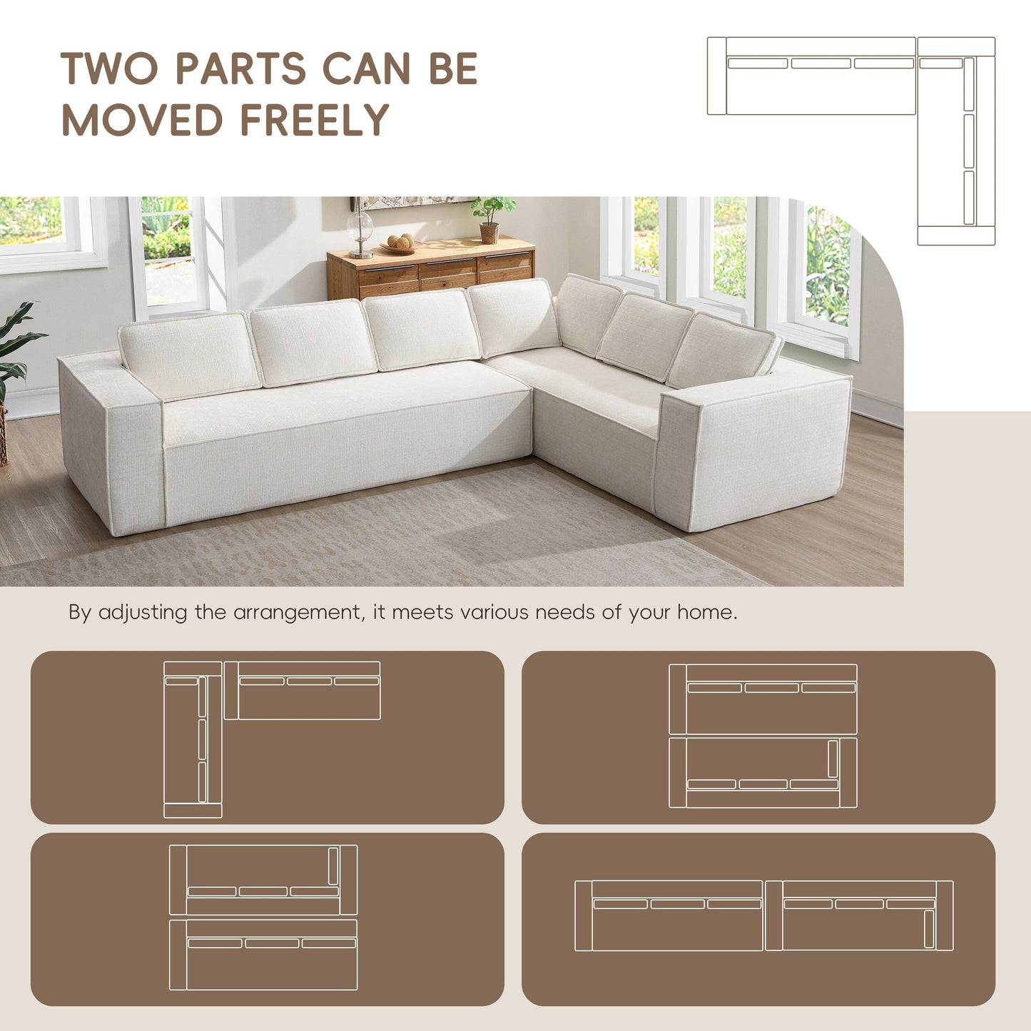 Canapé sectionnel modulaire, ensemble de canapés 6 places en chenille infroissable, combinaison libre 2 pièces, ensemble de canapés nuage moderne en forme de L