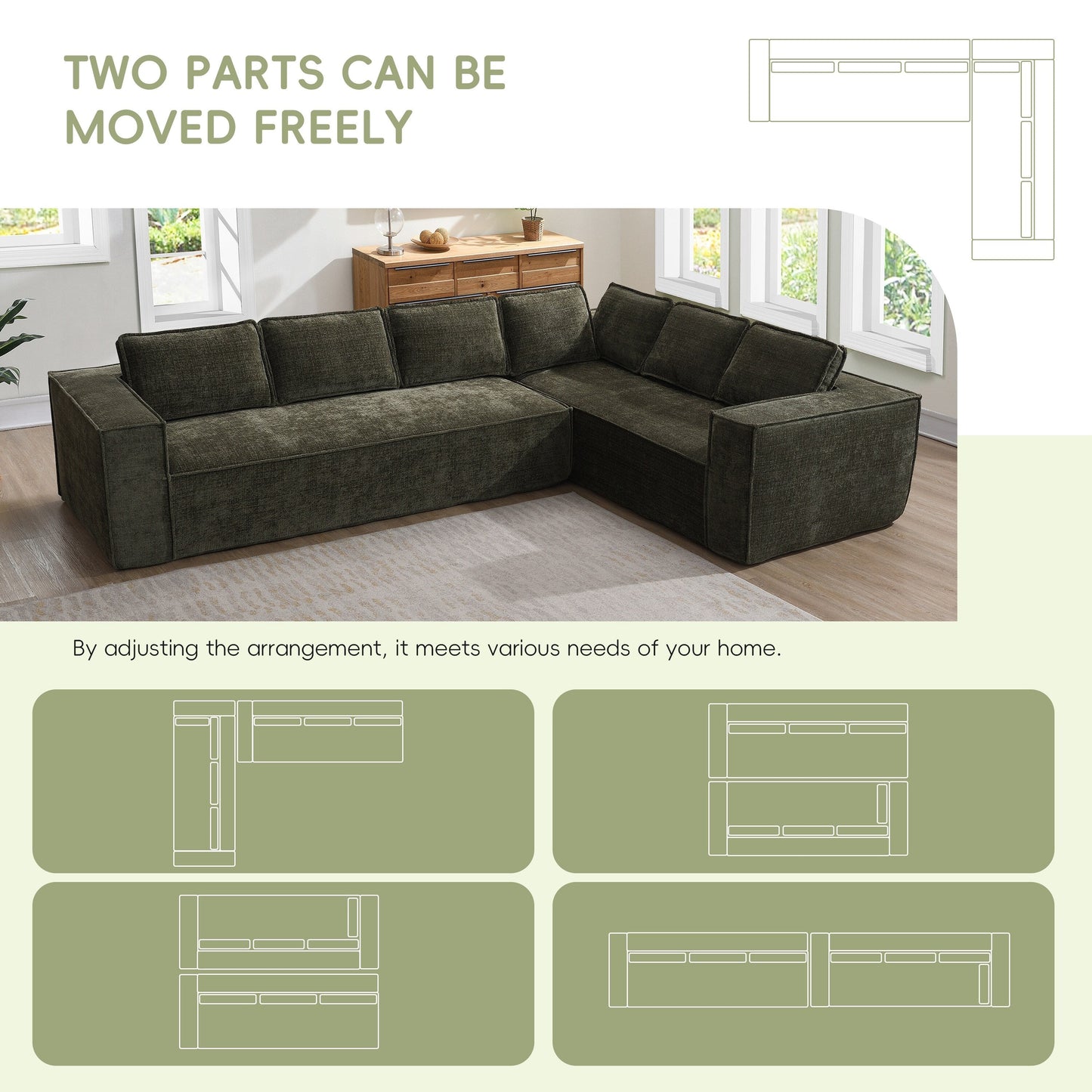 Canapé sectionnel modulaire, ensemble de canapés 6 places en chenille infroissable, combinaison libre 2 pièces, ensemble de canapés nuage moderne en forme de L