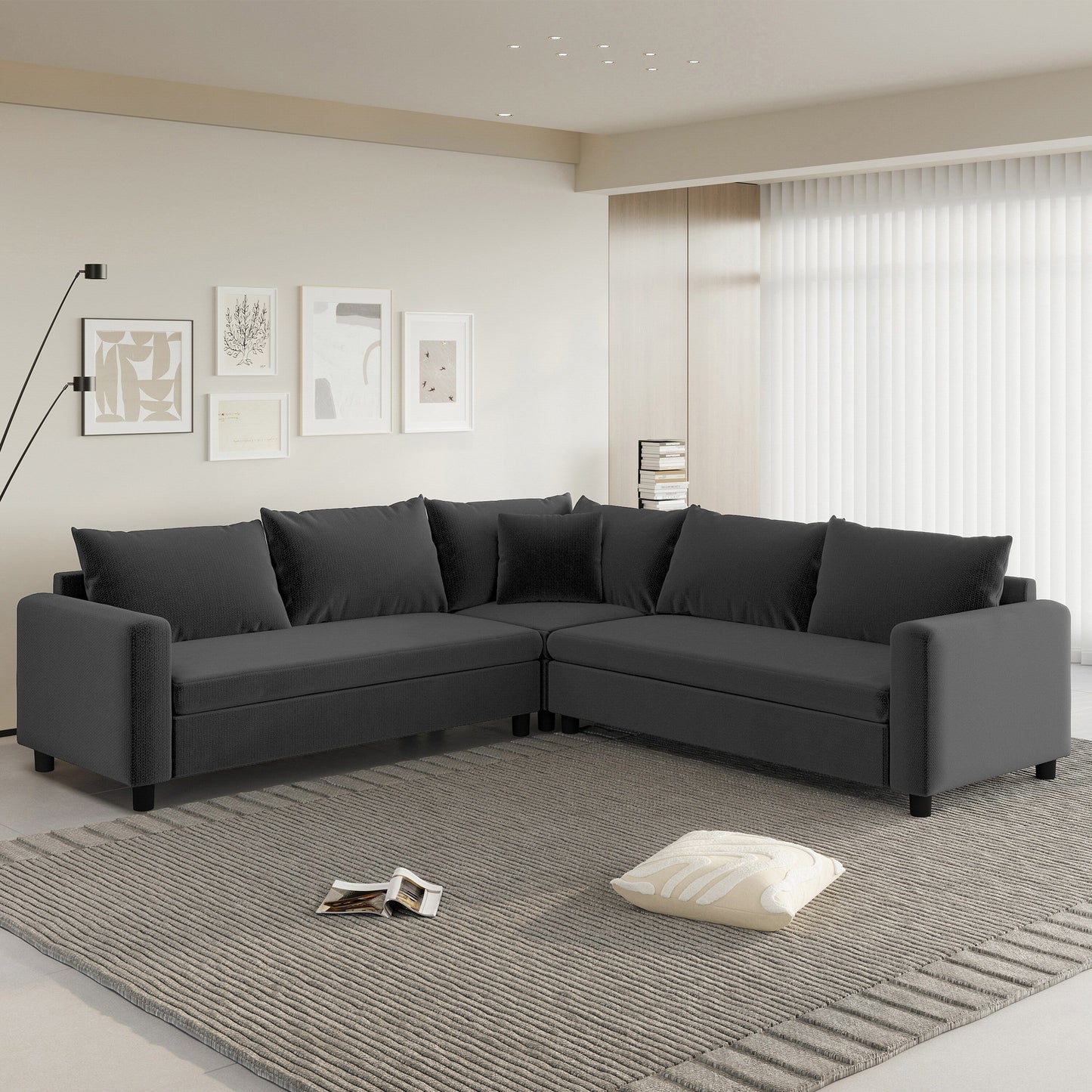 Canapé d'angle modulaire en forme de L, canapé d'angle en chenille avec assise large et coussin