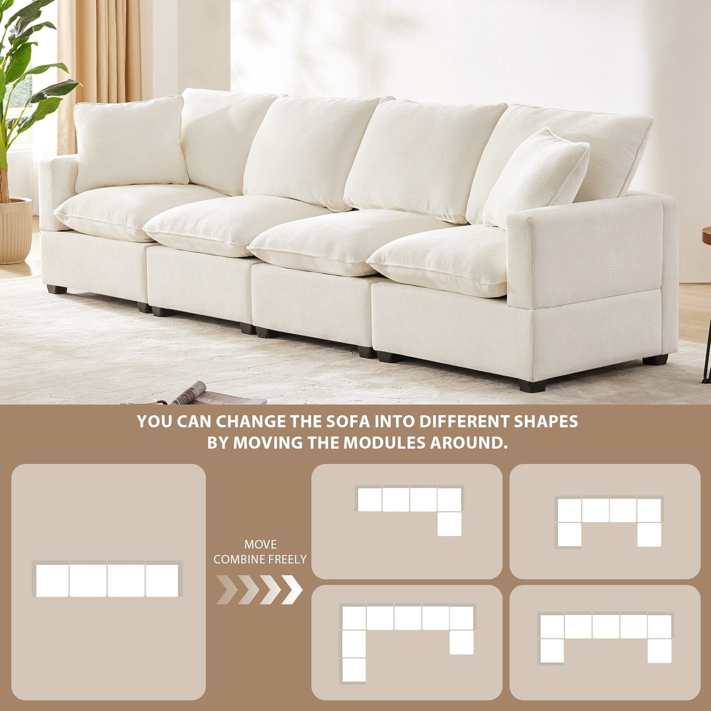 Canapé modulable, ensemble de canapés sectionnels 4 places en chenille avec 2 coussins inclus, à combiner librement