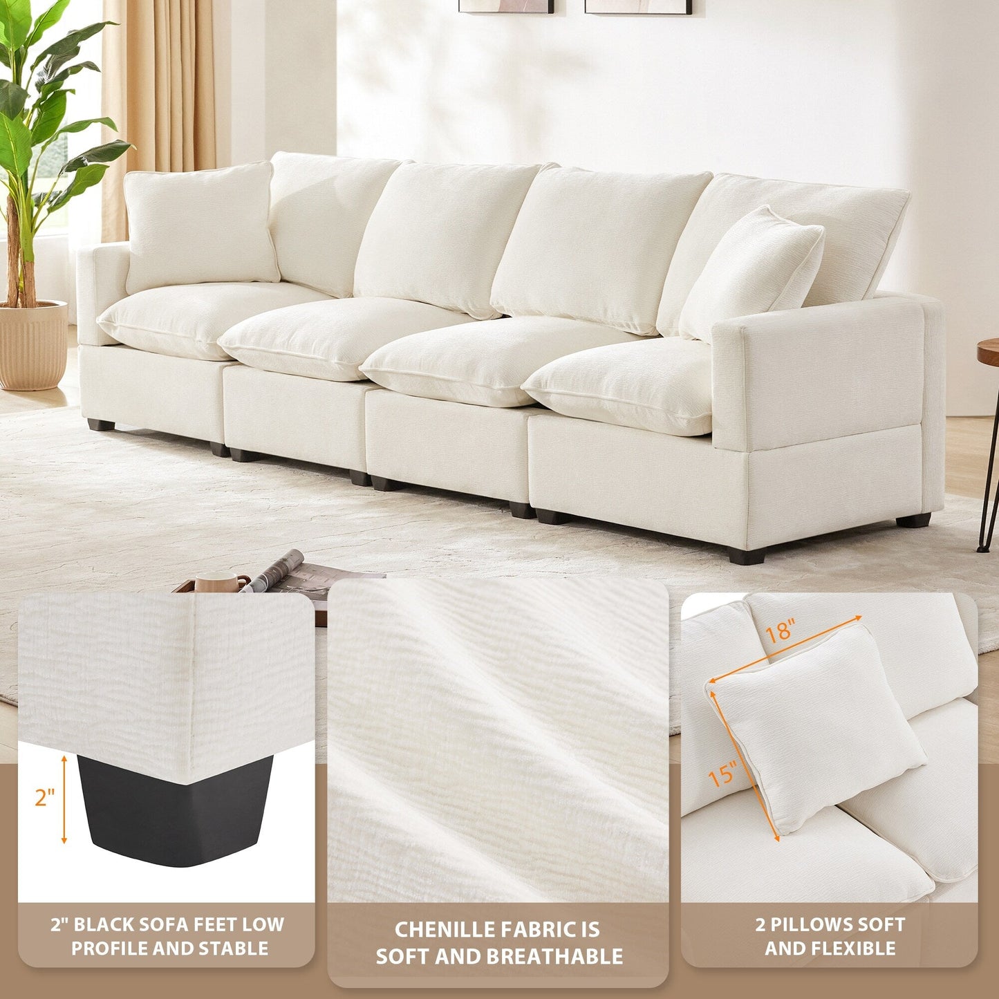 Canapé modulable, ensemble de canapés sectionnels 4 places en chenille avec 2 coussins inclus, à combiner librement