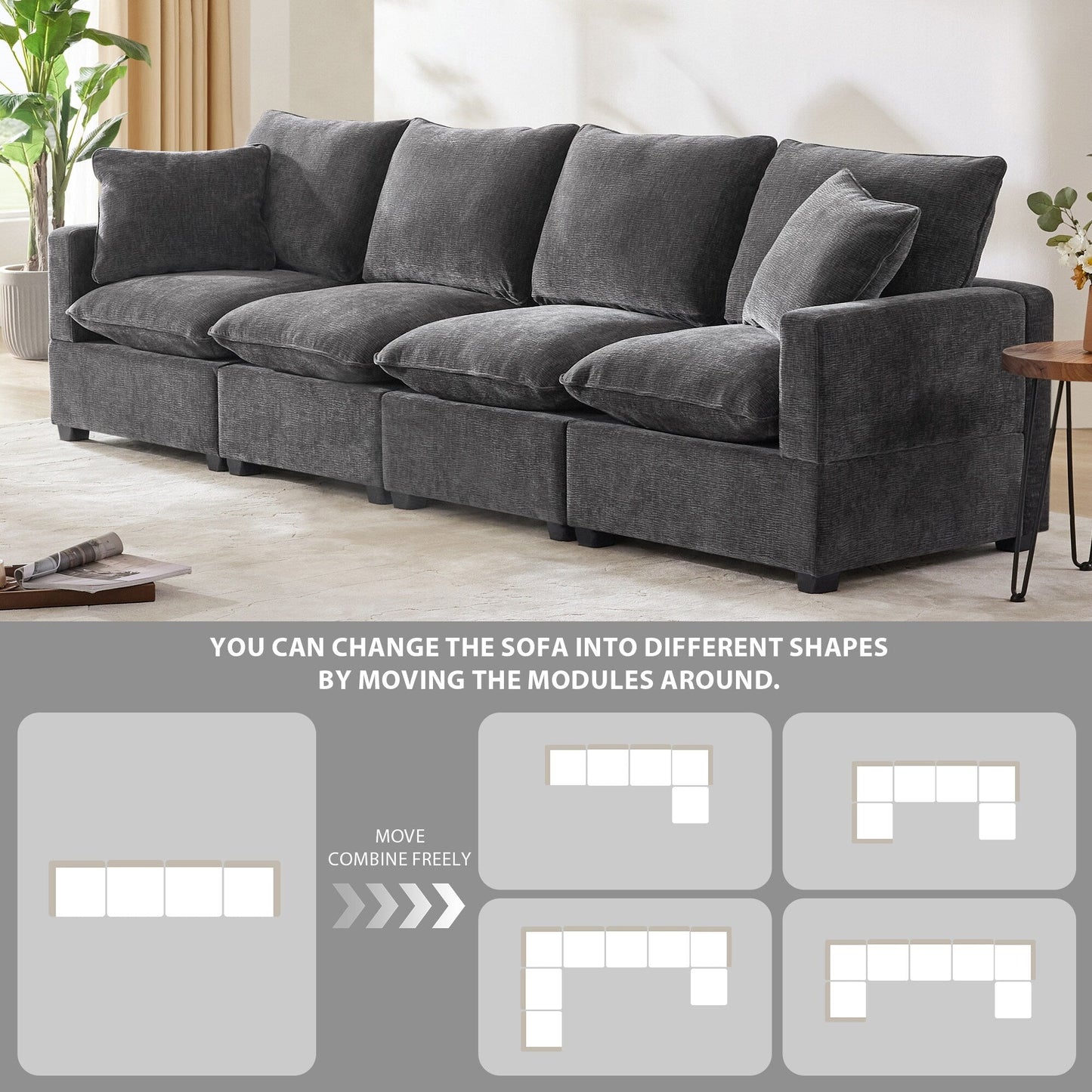 Canapé modulable, ensemble de canapés sectionnels 4 places en chenille avec 2 coussins inclus, à combiner librement