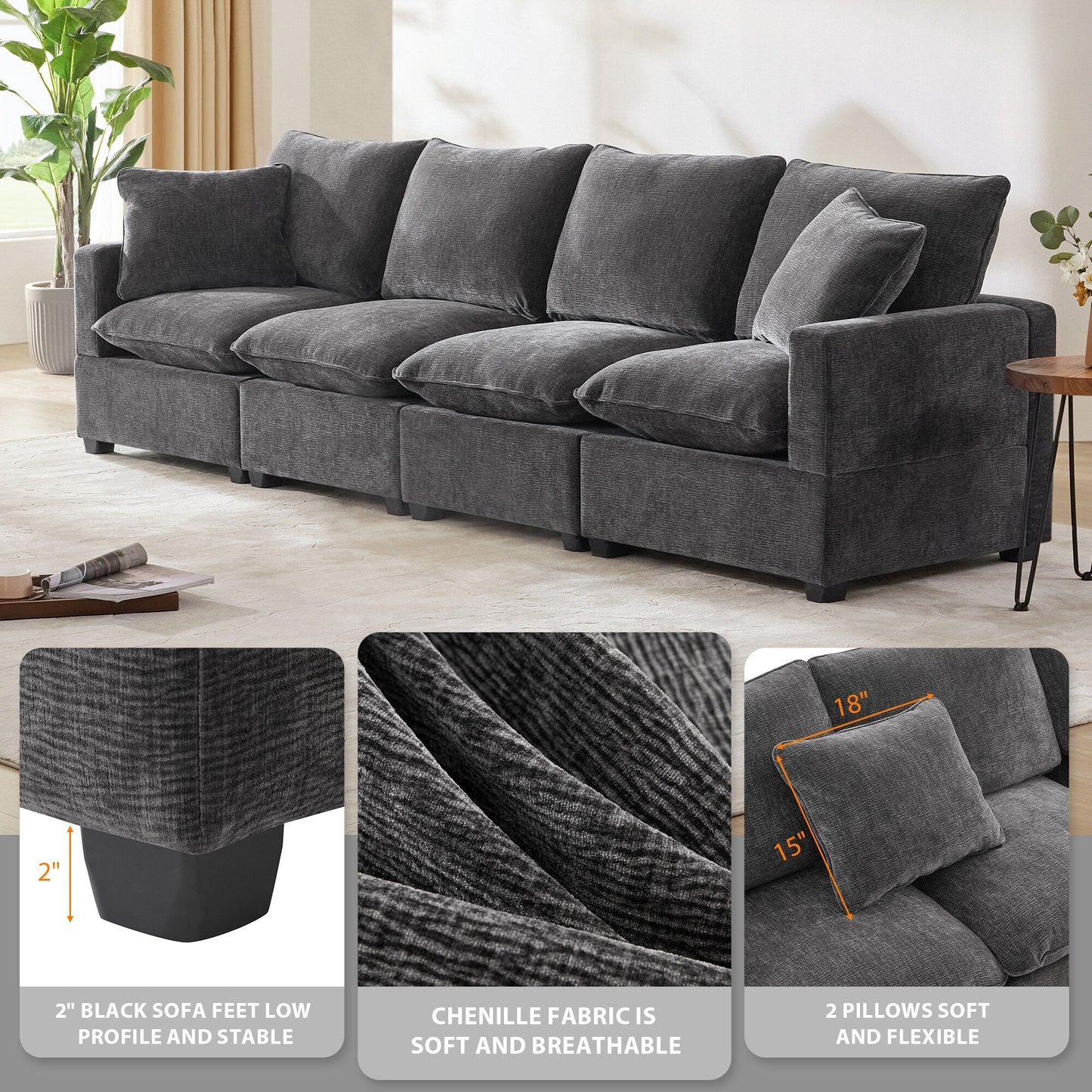 Canapé modulable, ensemble de canapés sectionnels 4 places en chenille avec 2 coussins inclus, à combiner librement