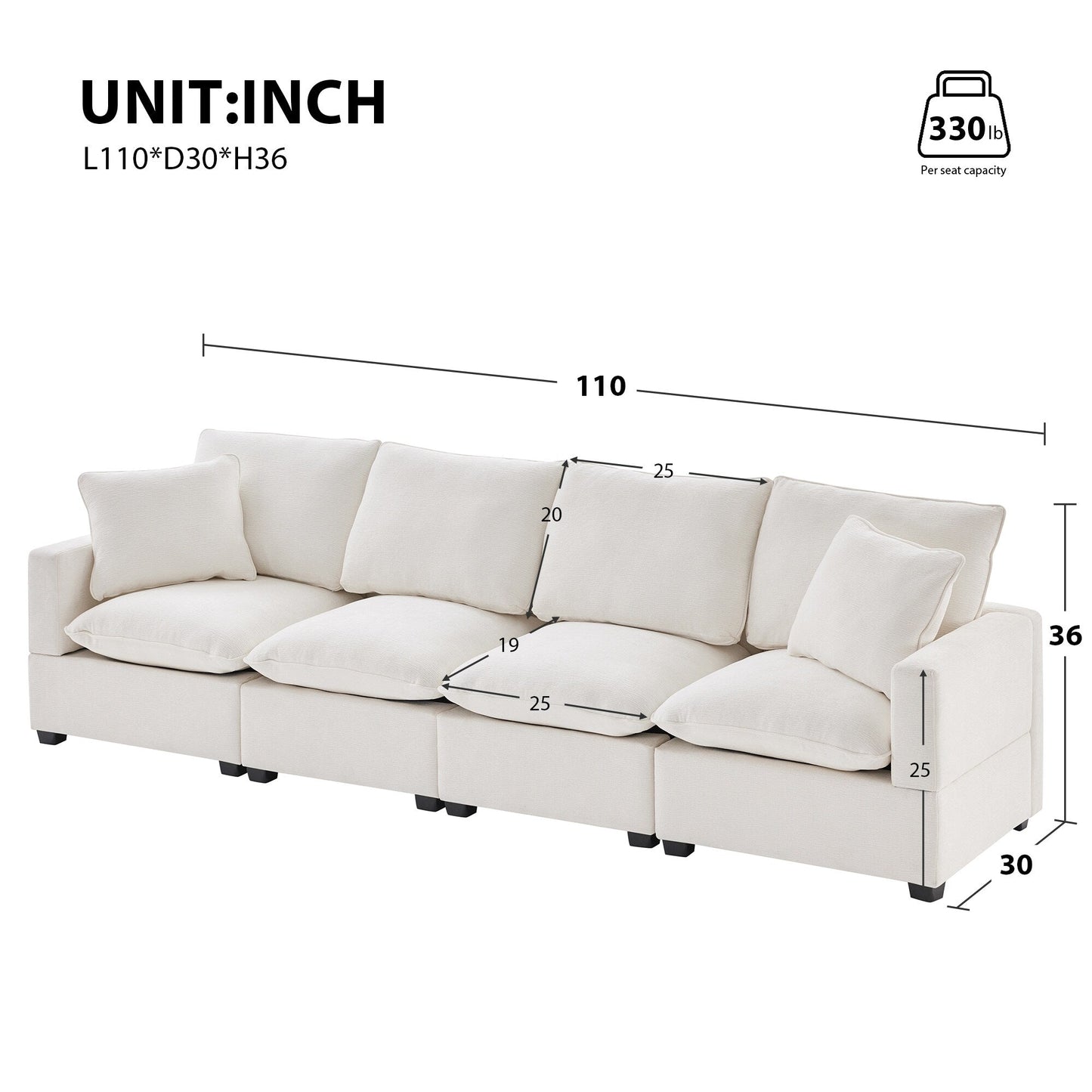 Canapé modulable, ensemble de canapés sectionnels 4 places en chenille avec 2 coussins inclus, à combiner librement