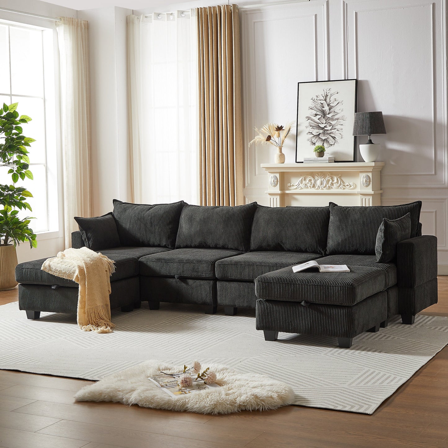Canapé sectionnel modulaire en velours côtelé en forme de U, canapé convertible 6 places avec pouf de rangement et méridienne pour le salon