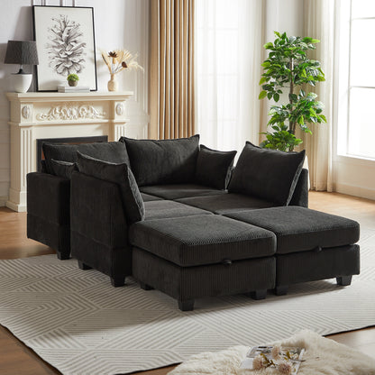Canapé sectionnel modulaire en velours côtelé en forme de U, canapé convertible 6 places avec pouf de rangement et méridienne pour le salon