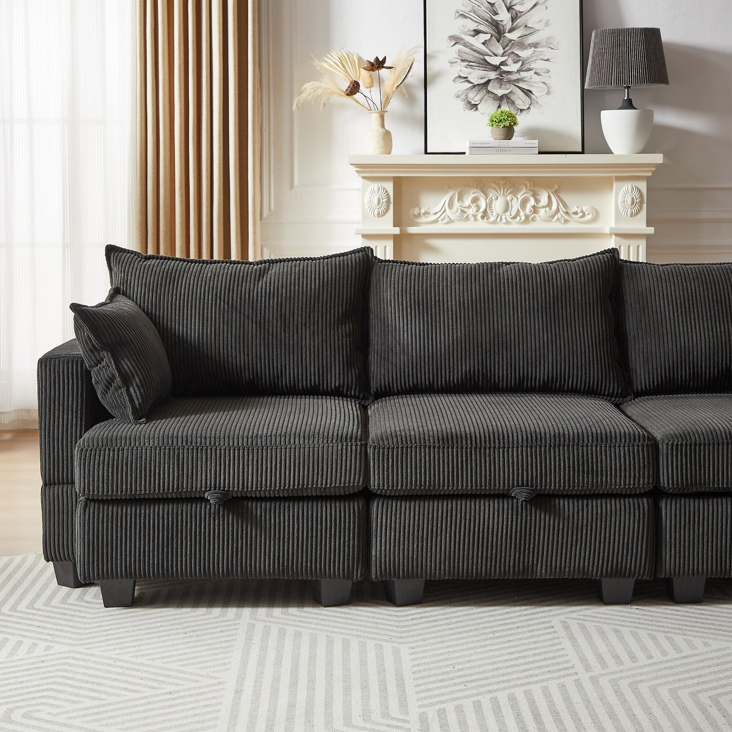 Canapé sectionnel modulaire en velours côtelé en forme de U, canapé convertible 6 places avec pouf de rangement et méridienne pour le salon