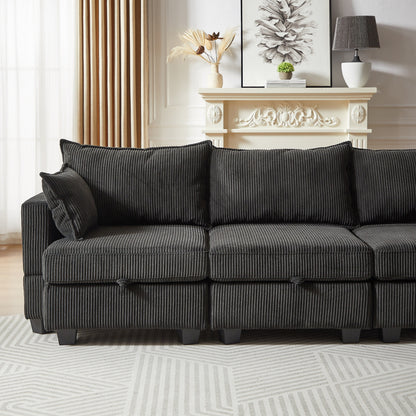 Canapé sectionnel modulaire en velours côtelé en forme de U, canapé convertible 6 places avec pouf de rangement et méridienne pour le salon