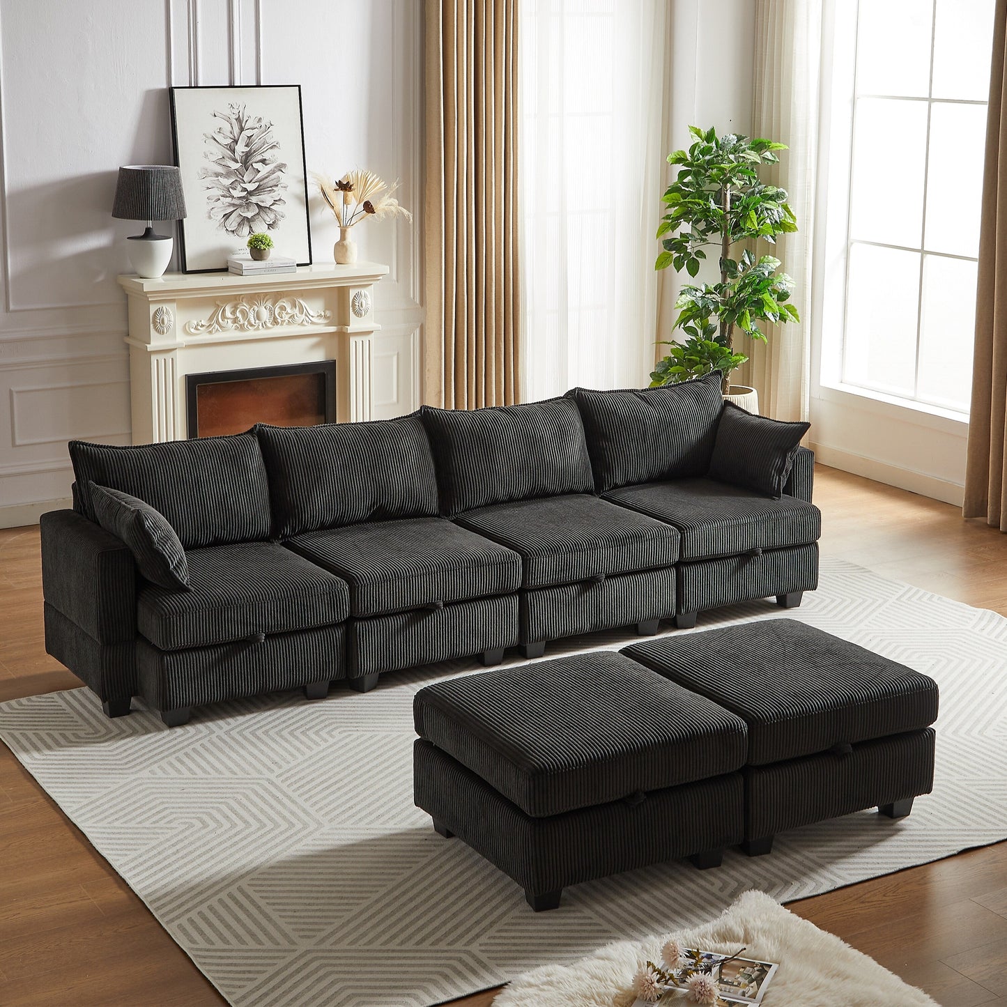 Canapé sectionnel modulaire en velours côtelé en forme de U, canapé convertible 6 places avec pouf de rangement et méridienne pour le salon