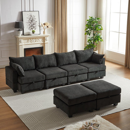 Canapé sectionnel modulaire en velours côtelé en forme de U, canapé convertible 6 places avec pouf de rangement et méridienne pour le salon