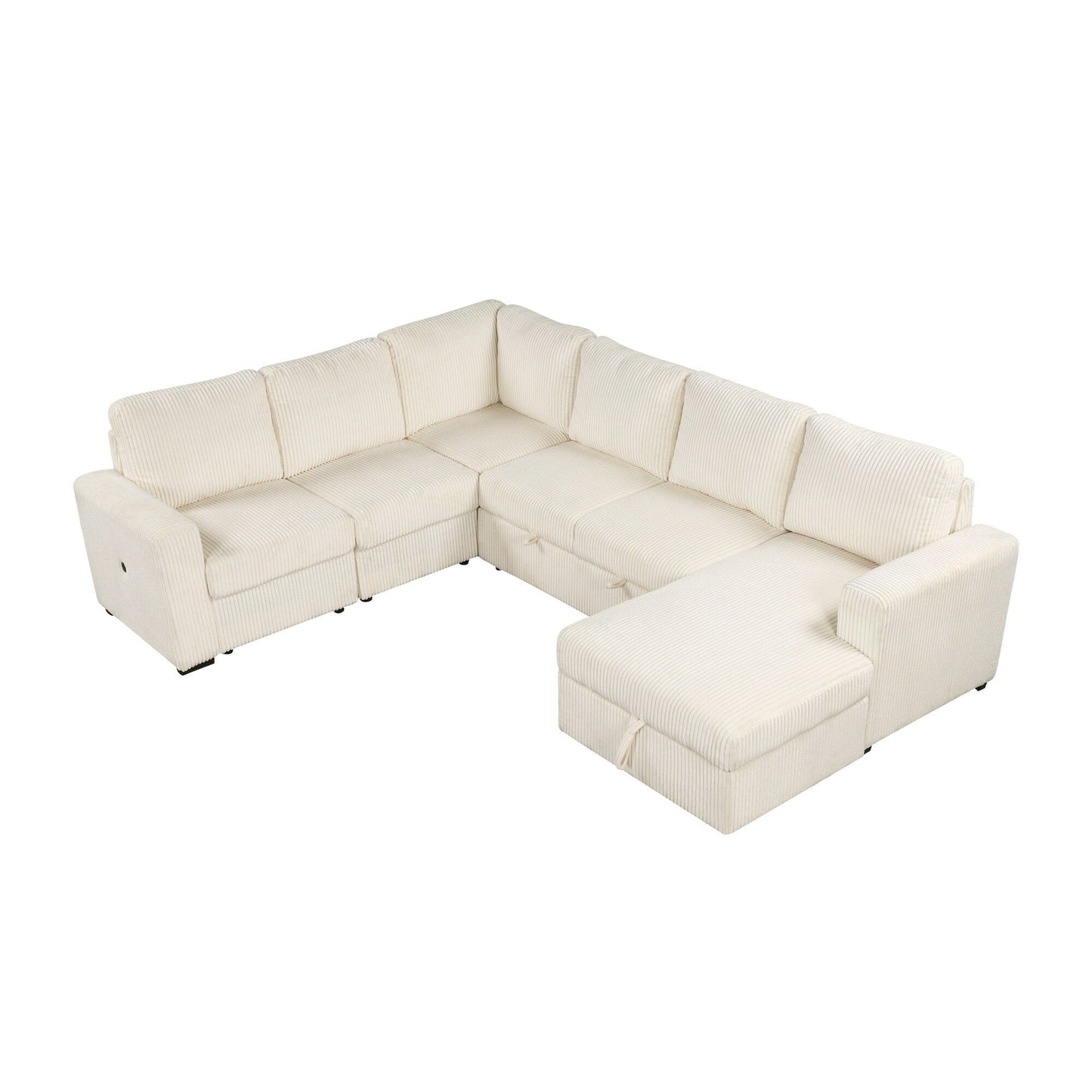 Canapé-lit modulaire en velours côtelé en forme de U, convertible 6 places, avec méridienne de rangement et ports USB pour le salon