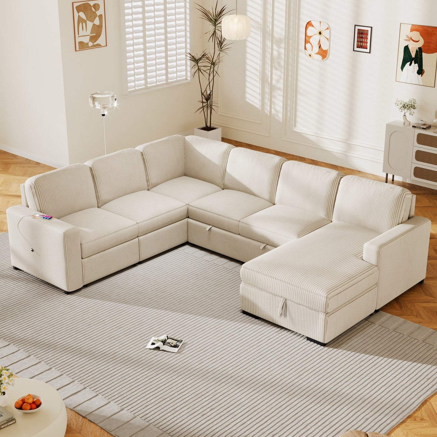 Canapé-lit modulaire en velours côtelé en forme de U, convertible 6 places, avec méridienne de rangement et ports USB pour le salon