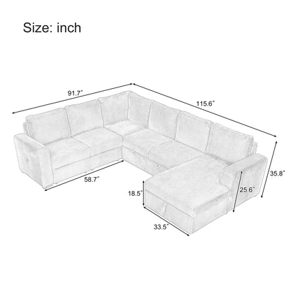 Canapé-lit modulaire en velours côtelé en forme de U, convertible 6 places, avec méridienne de rangement et ports USB pour le salon