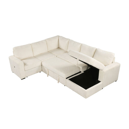 Canapé-lit modulaire en velours côtelé en forme de U, convertible 6 places, avec méridienne de rangement et ports USB pour le salon