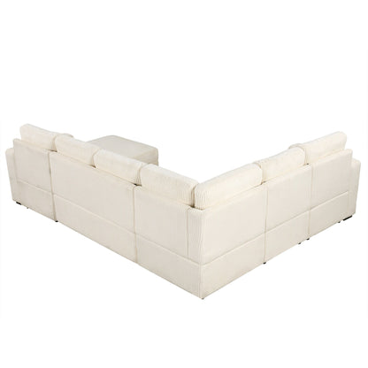 Canapé-lit modulaire en velours côtelé en forme de U, convertible 6 places, avec méridienne de rangement et ports USB pour le salon