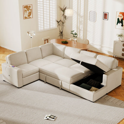 Canapé-lit modulaire en velours côtelé en forme de U, convertible 6 places, avec méridienne de rangement et ports USB pour le salon