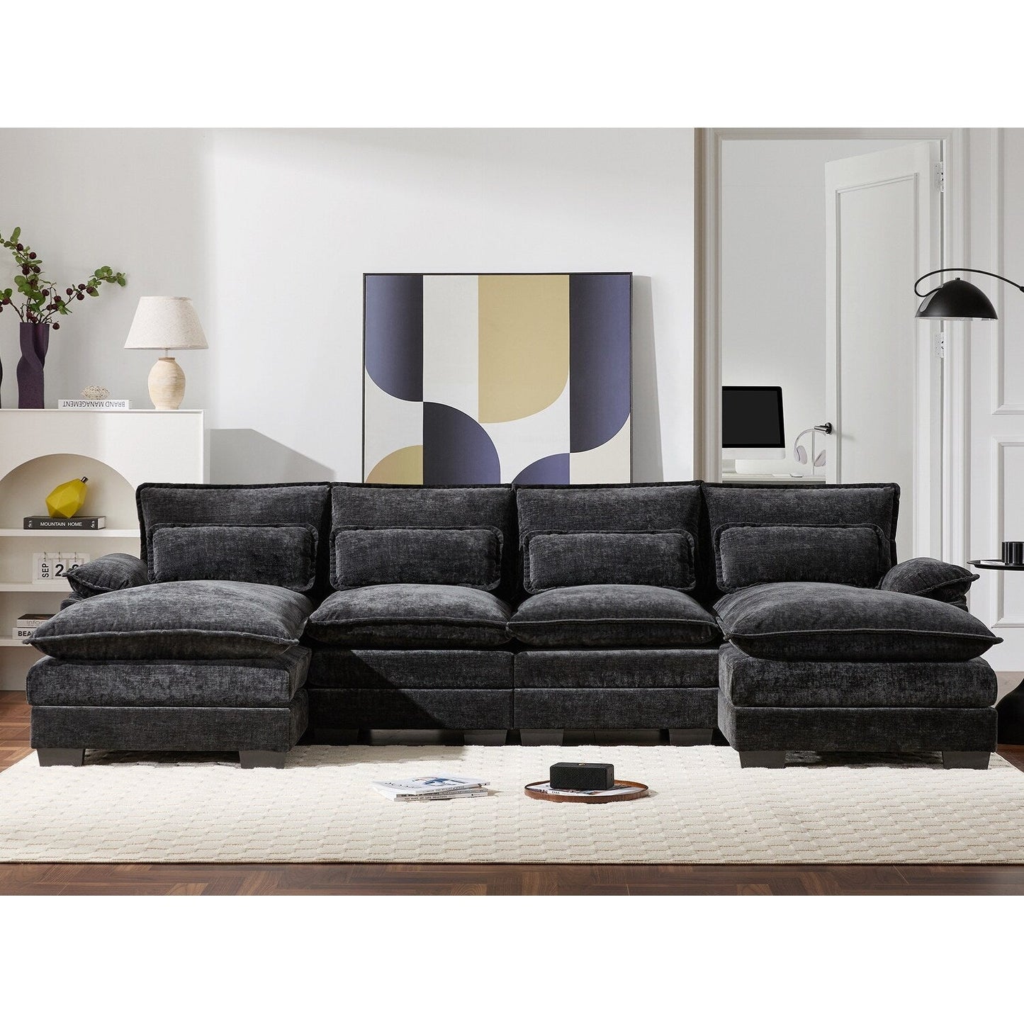 Canapé modulaire en U avec coussins de taille, 6 places symétriques rembourrées, ensemble de canapés en chenille Cloud avec méridienne