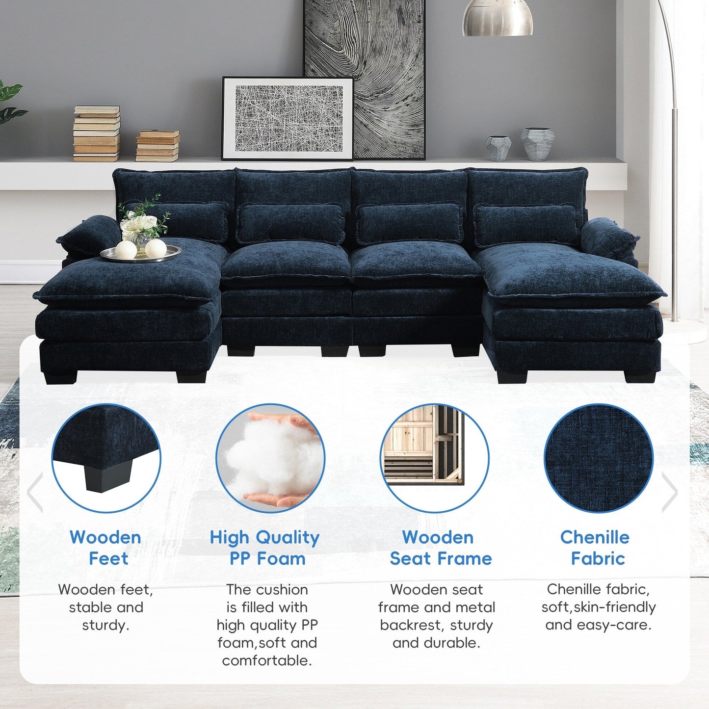 Canapé modulaire en U avec coussins de taille, 6 places symétriques rembourrées, ensemble de canapés en chenille Cloud avec méridienne