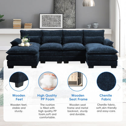 Canapé modulaire en U avec coussins de taille, 6 places symétriques rembourrées, ensemble de canapés en chenille Cloud avec méridienne