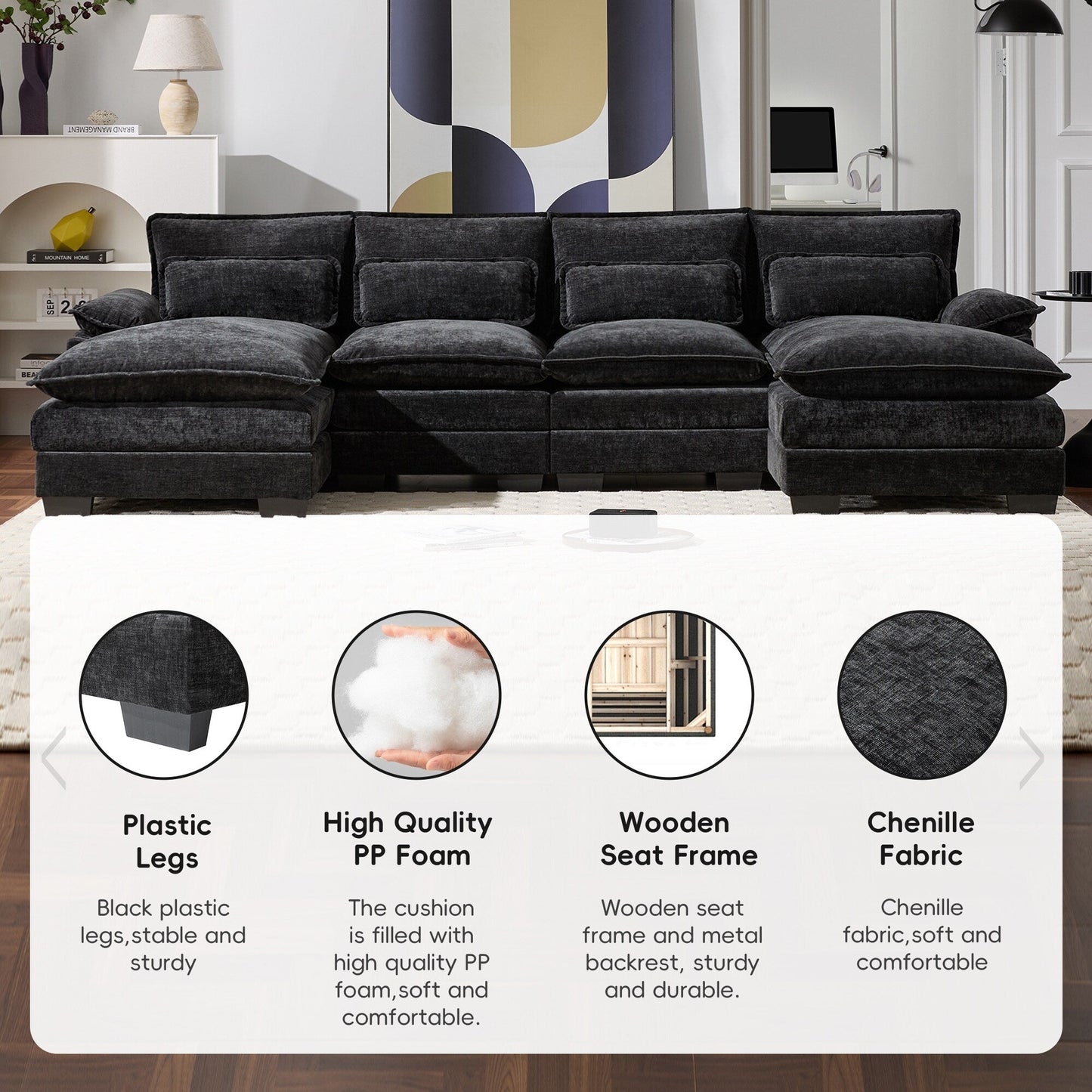 Canapé modulaire en U avec coussins de taille, 6 places symétriques rembourrées, ensemble de canapés en chenille Cloud avec méridienne