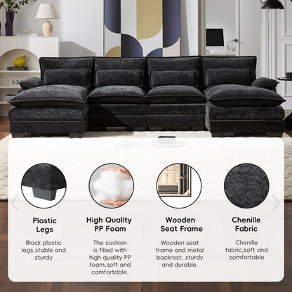 Canapé modulaire en U avec coussins de taille, 6 places symétriques rembourrées, ensemble de canapés en chenille Cloud avec méridienne