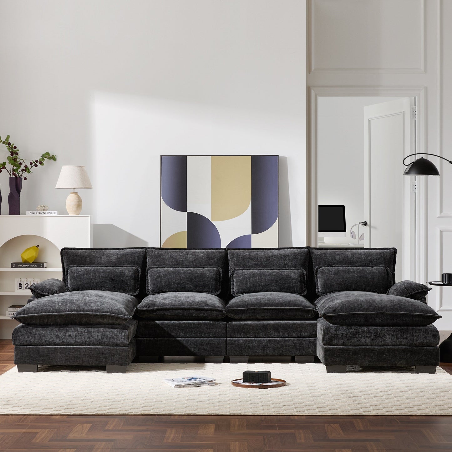 Canapé modulaire en U avec coussins de taille, 6 places symétriques rembourrées, ensemble de canapés en chenille Cloud avec méridienne