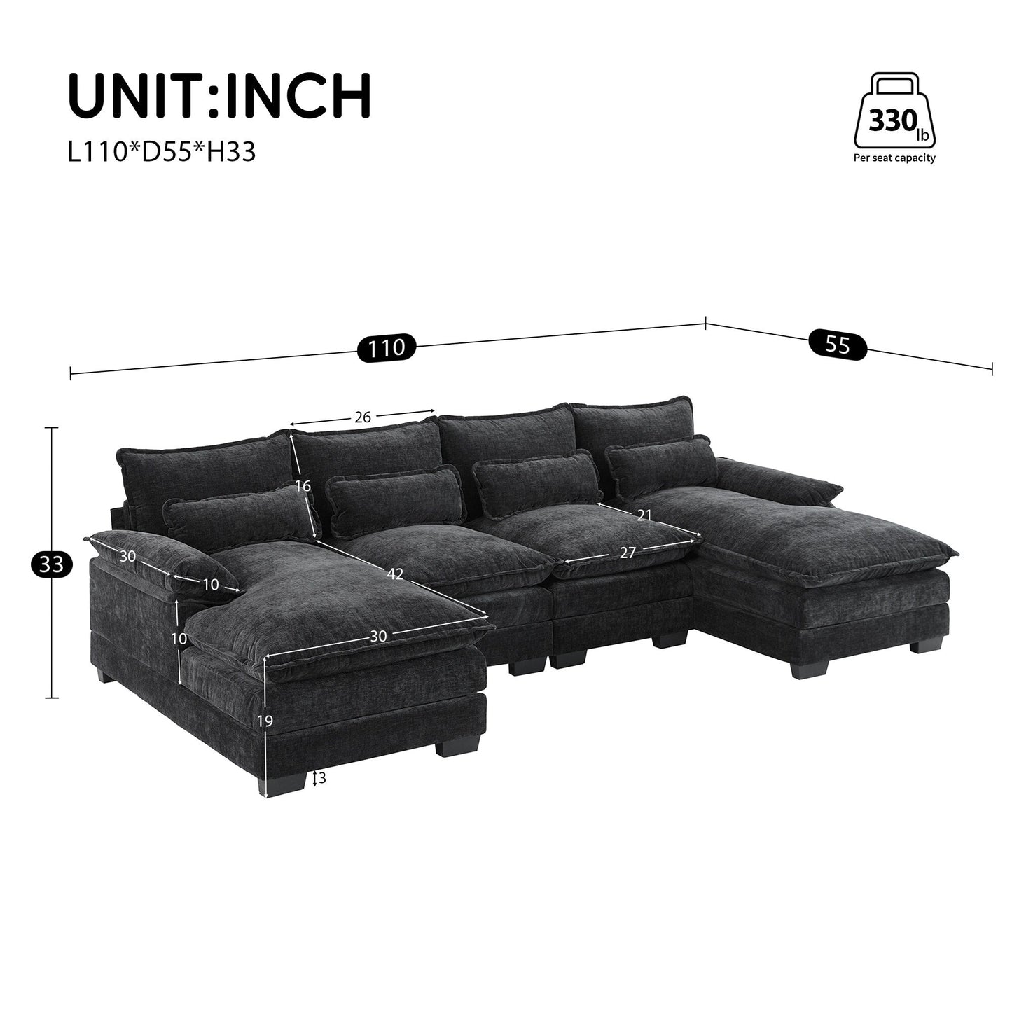 Canapé modulaire en U avec coussins de taille, 6 places symétriques rembourrées, ensemble de canapés en chenille Cloud avec méridienne