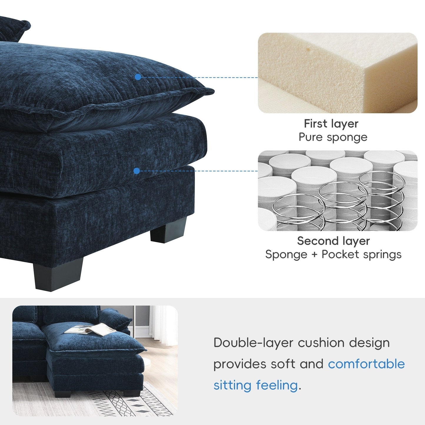 Canapé modulaire en U avec coussins de taille, 6 places symétriques rembourrées, ensemble de canapés en chenille Cloud avec méridienne