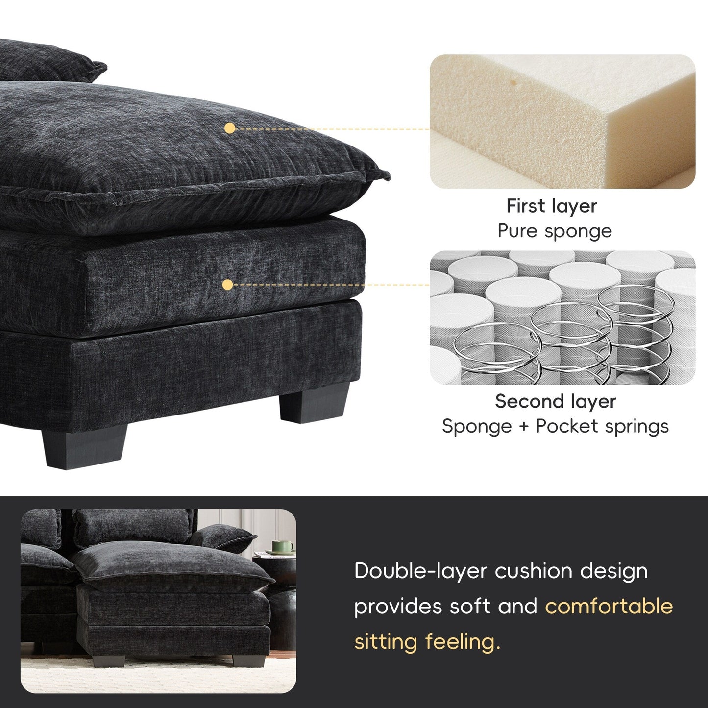 Canapé modulaire en U avec coussins de taille, 6 places symétriques rembourrées, ensemble de canapés en chenille Cloud avec méridienne
