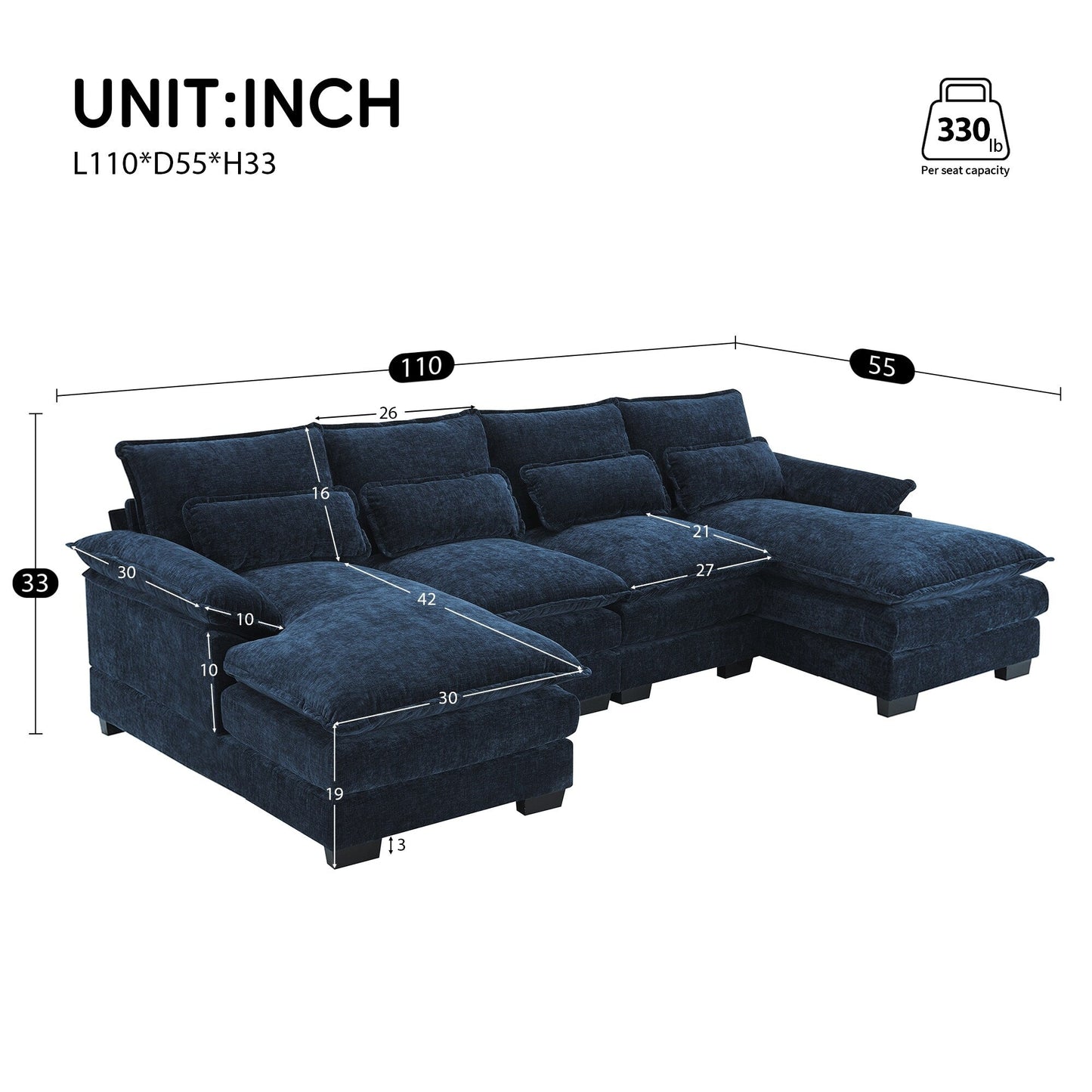 Canapé modulaire en U avec coussins de taille, 6 places symétriques rembourrées, ensemble de canapés en chenille Cloud avec méridienne