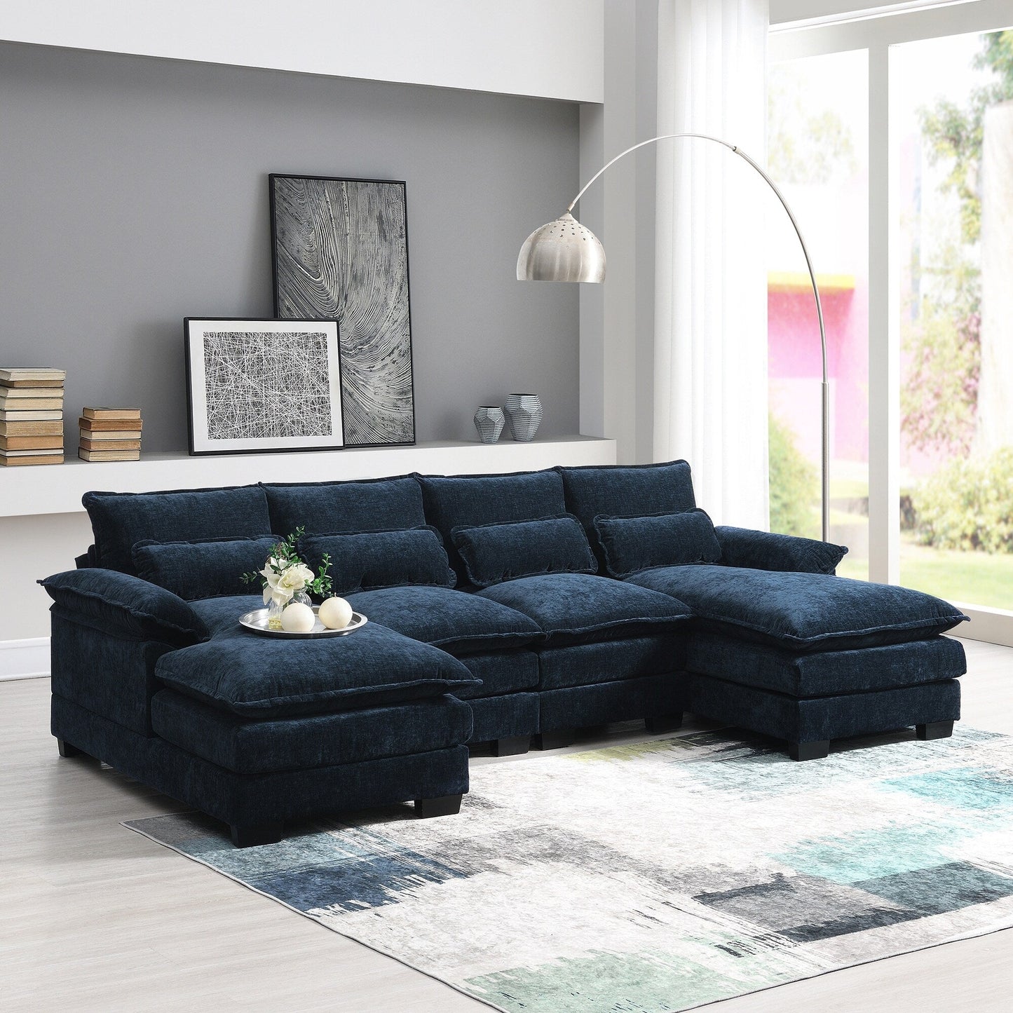 Canapé modulaire en U avec coussins de taille, 6 places symétriques rembourrées, ensemble de canapés en chenille Cloud avec méridienne