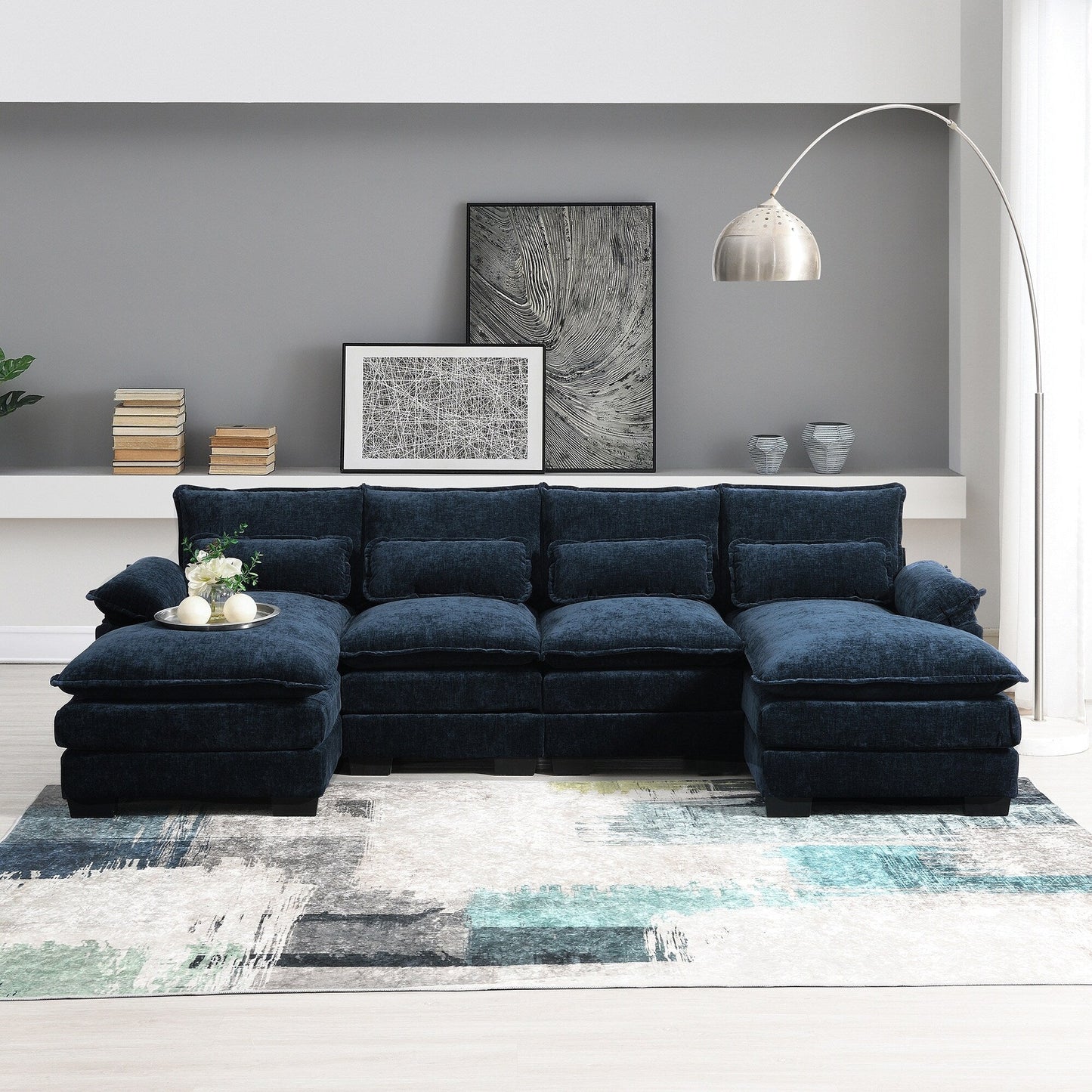 Canapé modulaire en U avec coussins de taille, 6 places symétriques rembourrées, ensemble de canapés en chenille Cloud avec méridienne