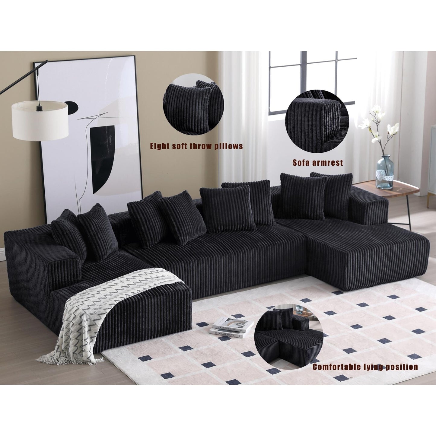 Canapé modulable en U en velours côtelé rayé 4 places avec 2 méridiennes et causeuse pour salon chambre
