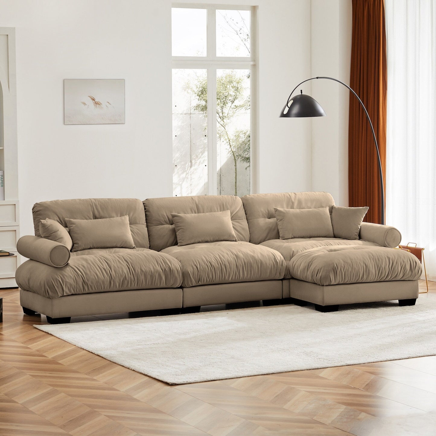 Canapé modulaire sectionnel en velours, siège profond, canapé nuage en forme de L avec pouf et accoudoirs renforcés pour le salon