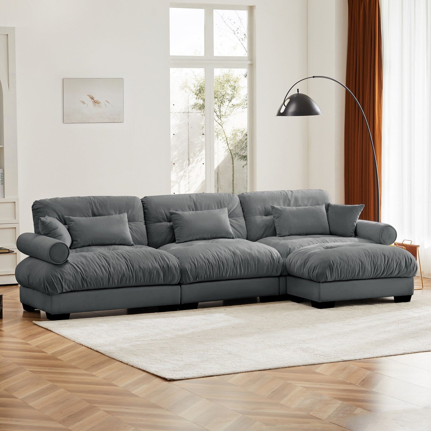 Canapé modulaire sectionnel en velours, siège profond, canapé nuage en forme de L avec pouf et accoudoirs renforcés pour le salon