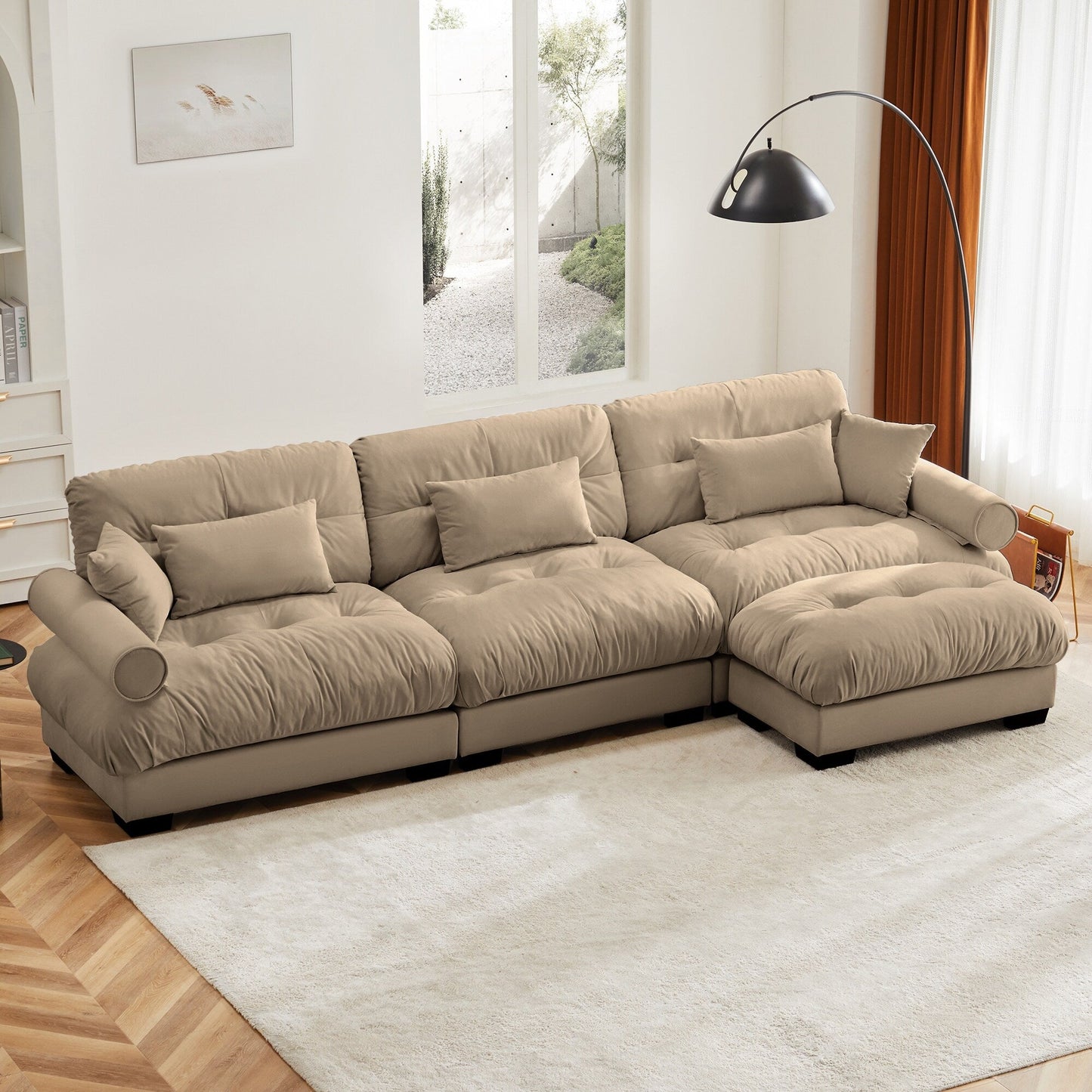 Canapé modulaire sectionnel en velours, siège profond, canapé nuage en forme de L avec pouf et accoudoirs renforcés pour le salon