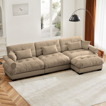 Canapé modulaire sectionnel en velours, siège profond, canapé nuage en forme de L avec pouf et accoudoirs renforcés pour le salon
