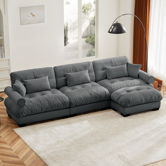 Canapé modulaire sectionnel en velours, siège profond, canapé nuage en forme de L avec pouf et accoudoirs renforcés pour le salon