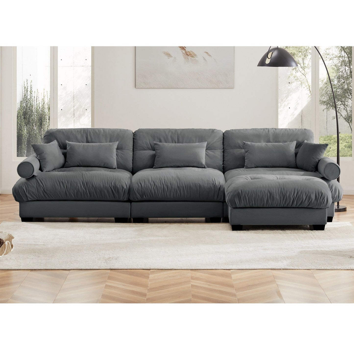 Canapé modulaire sectionnel en velours, siège profond, canapé nuage en forme de L avec pouf et accoudoirs renforcés pour le salon