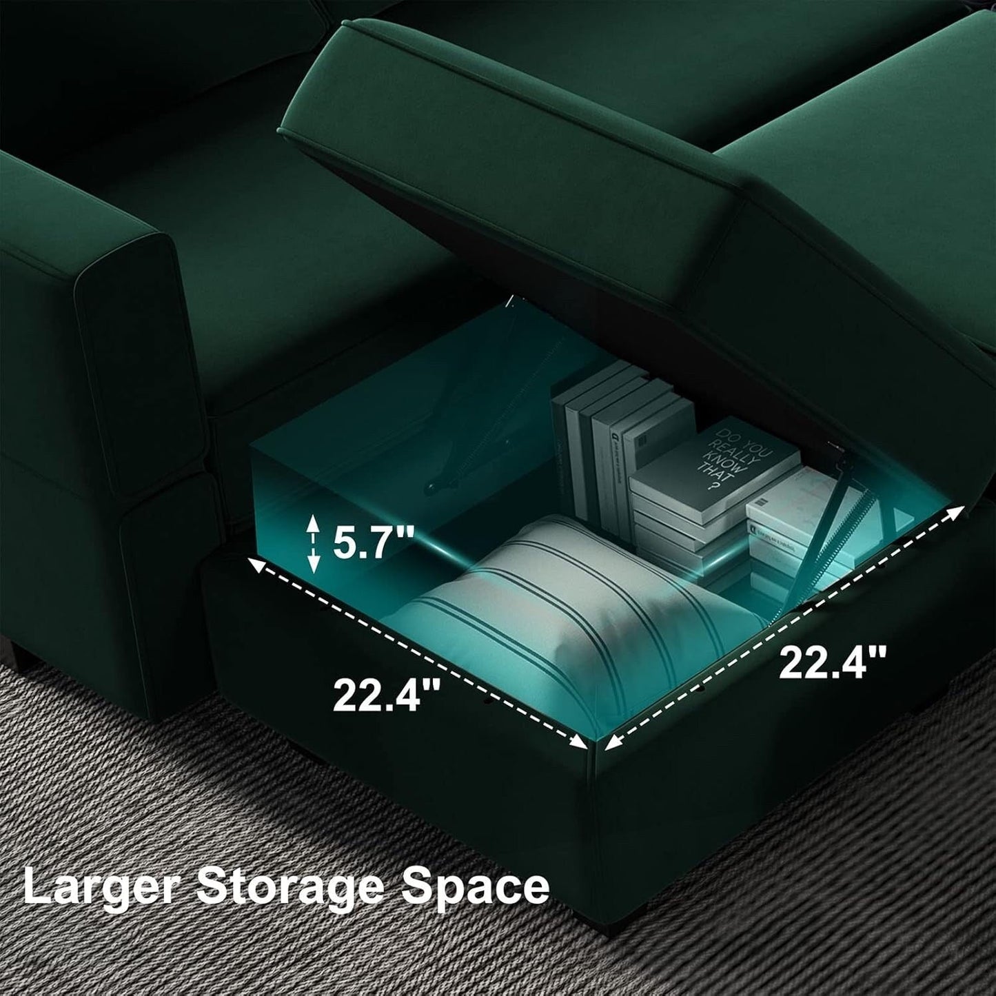 Canapé d'angle modulaire en velours avec méridienne - Canapé-lit avec rangement pour salon, vert