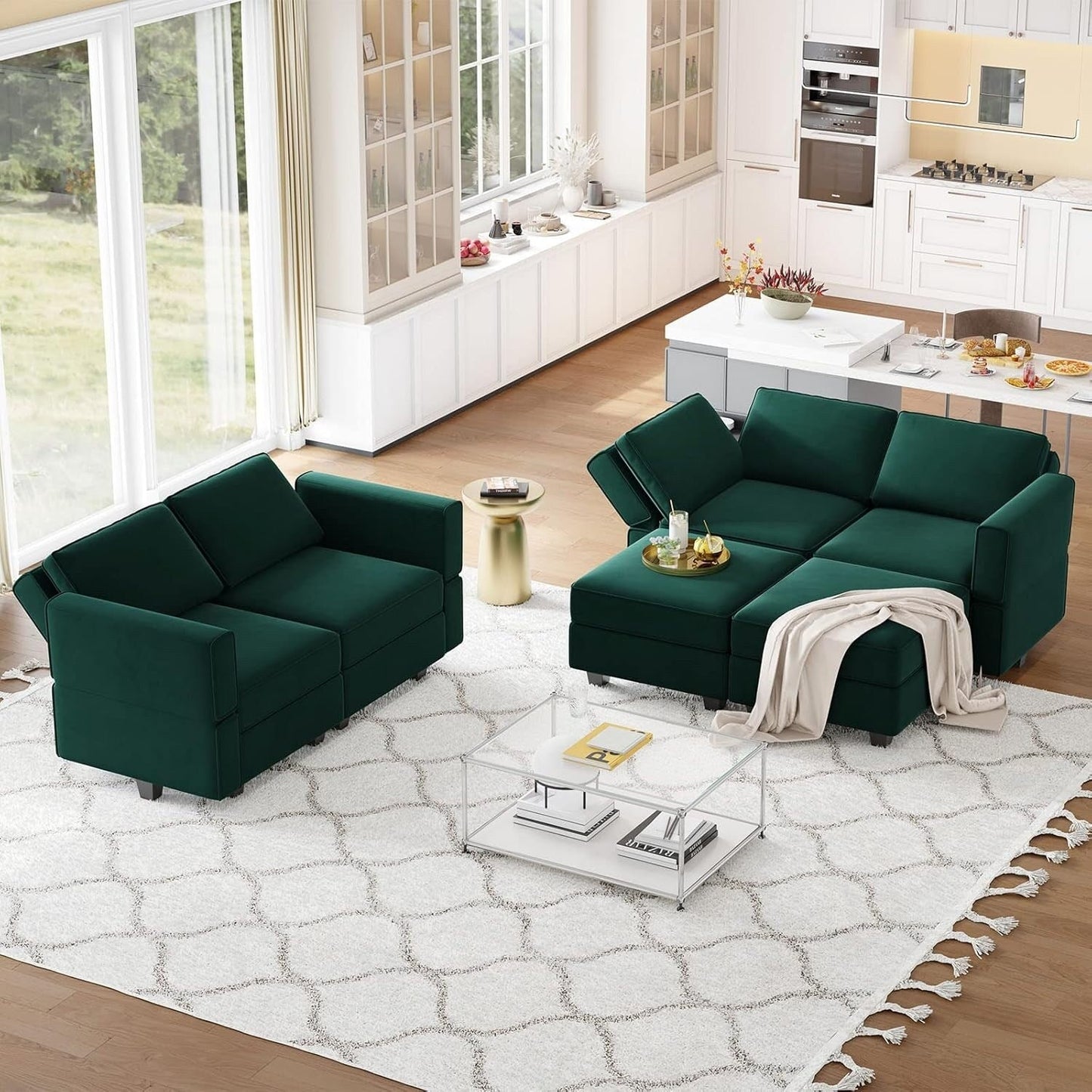 Canapé d'angle modulaire en velours avec méridienne - Canapé-lit avec rangement pour salon, vert