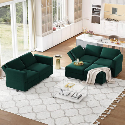 Canapé d'angle modulaire en velours avec méridienne - Canapé-lit avec rangement pour salon, vert