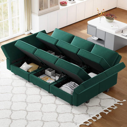 Canapé d'angle modulaire en velours avec méridienne - Canapé-lit avec rangement pour salon, vert