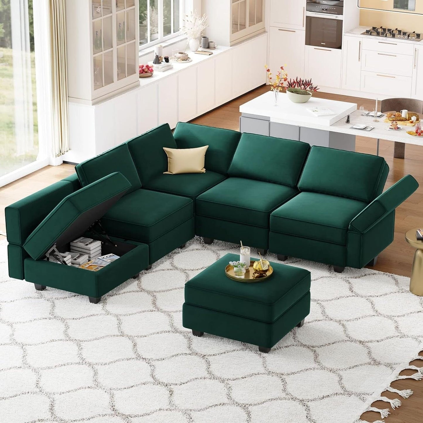 Canapé d'angle modulaire en velours avec méridienne - Canapé-lit avec rangement pour salon, vert