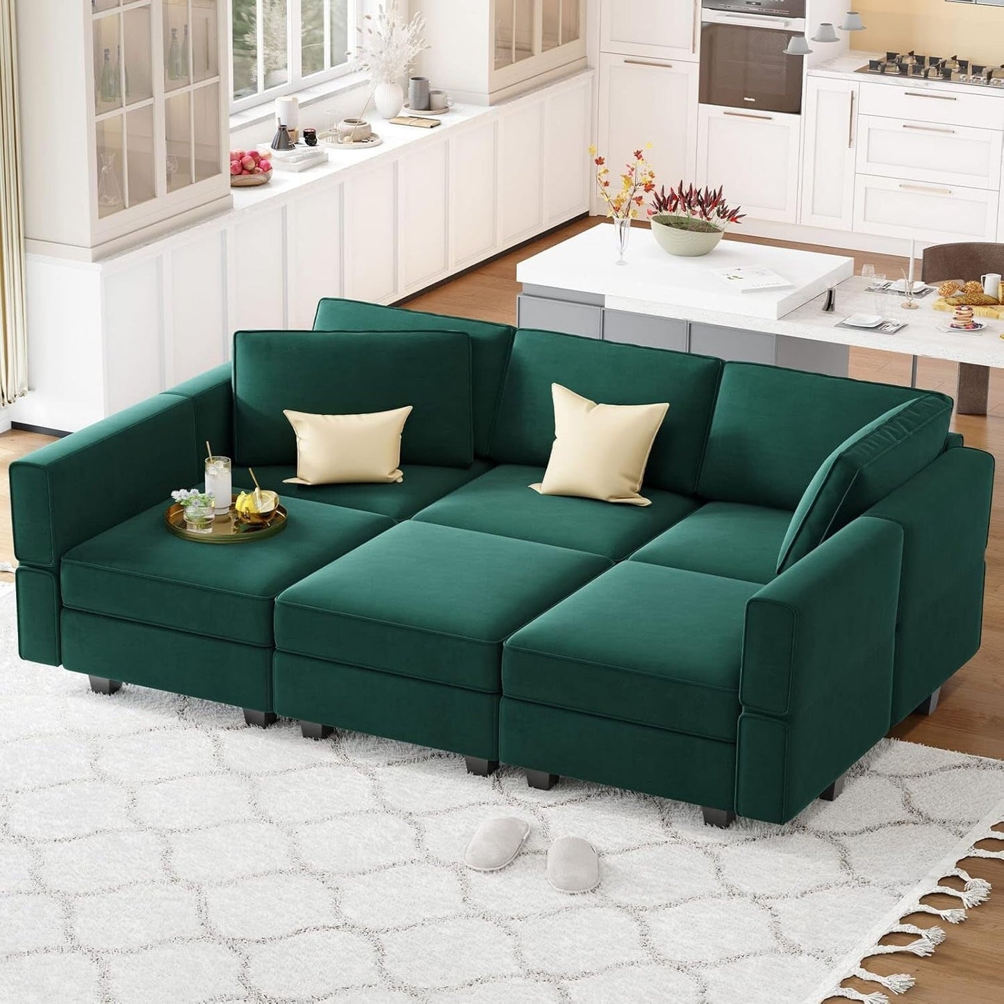 Canapé d'angle modulaire en velours avec méridienne - Canapé-lit avec rangement pour salon, vert