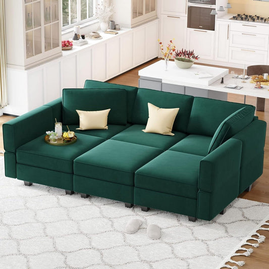 Canapé d'angle modulaire en velours avec méridienne - Canapé-lit avec rangement pour salon, vert
