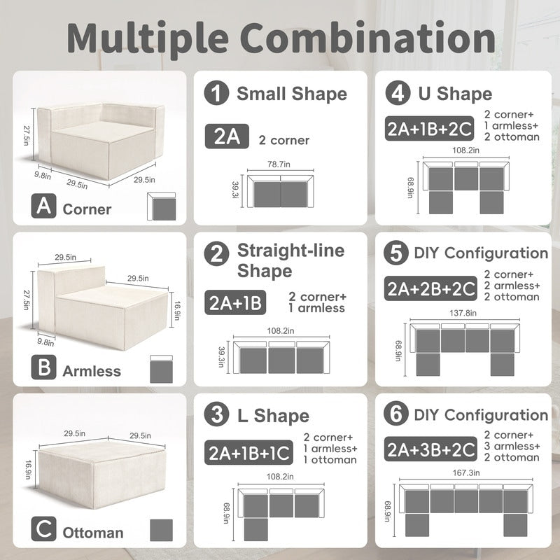 Module de compression en velours côtelé avec canapés ottomans