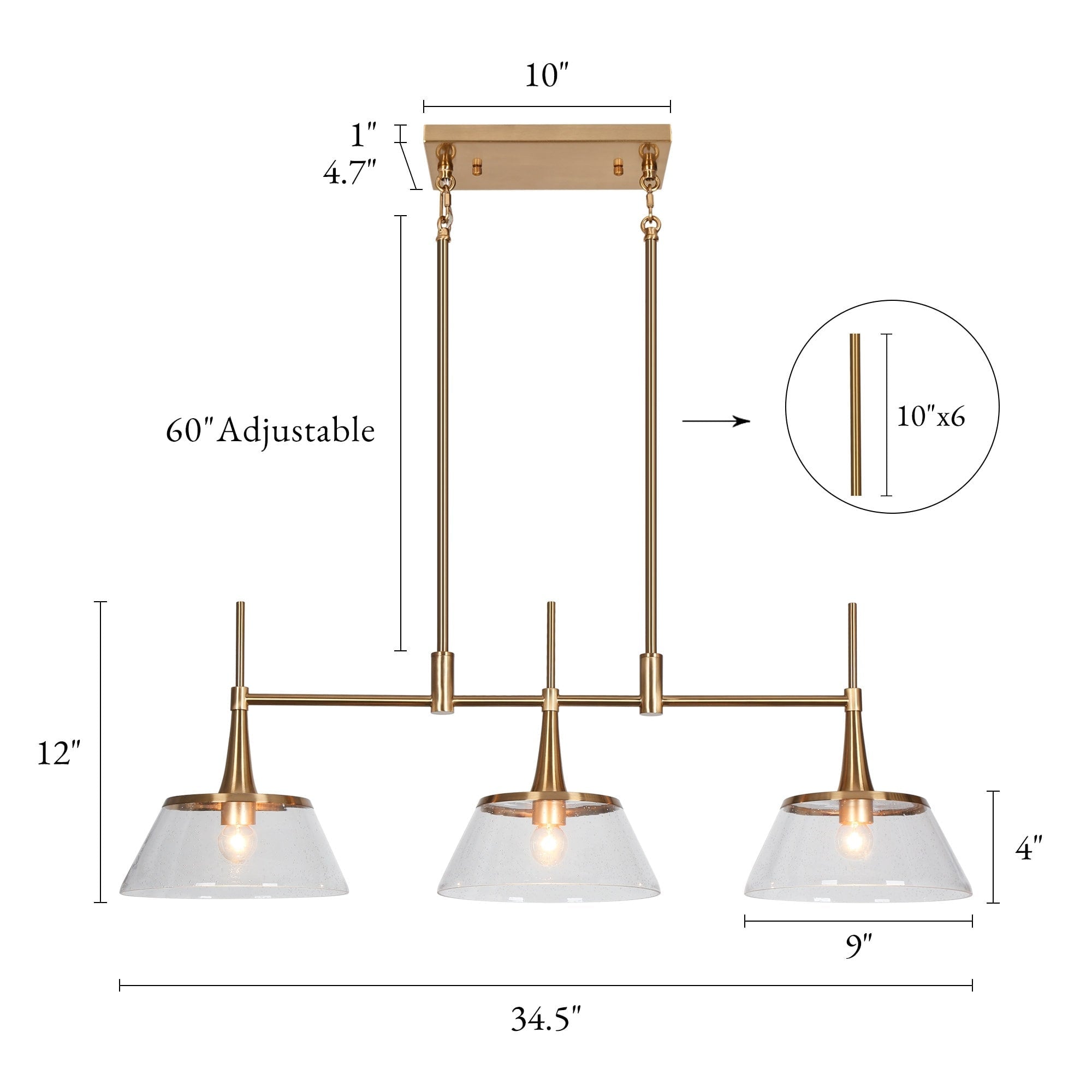 Lustre moderne Mola en verre grainé doré à 3 lumières, luminaire suspendu linéaire pour salle à manger